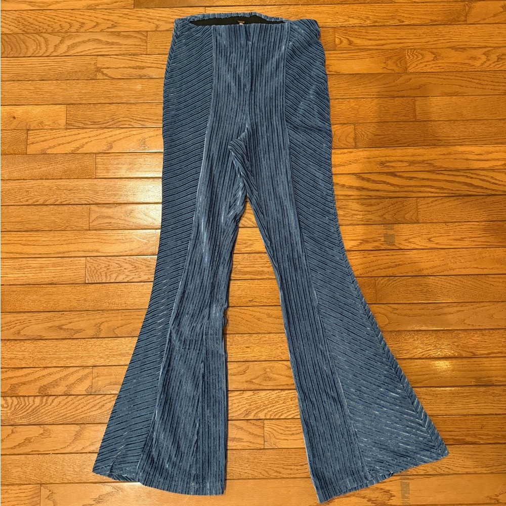 Free People Blue Ribbed Velvet Pants with Elastic Waist- Size Small